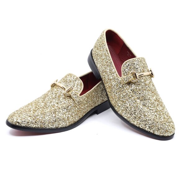 Gold Glitter Men\'s Vintage Designer Classic Smoking Dress Tuxedo Loafers Shoes main image 6